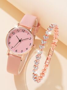 1pc Women Pink PU Polyurethane Strap Casual Round Dial Quartz Watch & 1pc Bracelet, For Daily Life