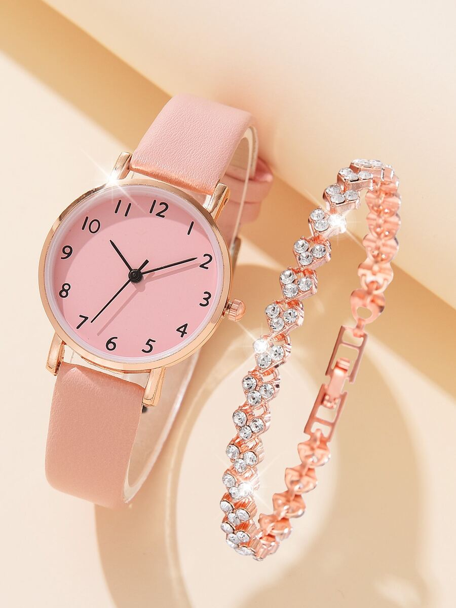 1pc Women Pink PU Polyurethane Strap Casual Round Dial Quartz Watch & 1pc Bracelet, For Daily Life