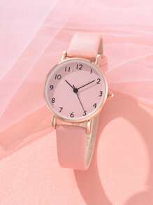 1pc Women Pink PU Polyurethane Strap Casual Round Dial Quartz Watch & 1pc Bracelet, For Daily Life