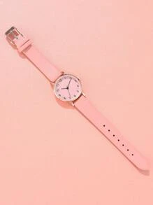 1pc Women Pink PU Polyurethane Strap Casual Round Dial Quartz Watch & 1pc Bracelet, For Daily Life