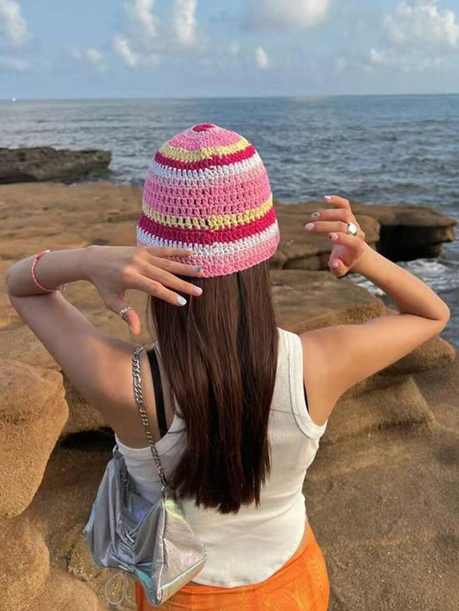1入組女士條紋圖案勾織波西米亞帽 - 粉色 - 查看 1