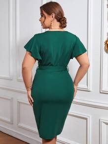 SHEIN Clasi 大碼蝴蝶袖圍裹下擺繫腰帶連衣裙 - 墨綠色 - 查看 2