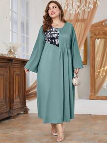 Al Najma Plus Floral Print Pleated Detail Dress - Blue - View 1