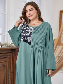 Al Najma Plus Floral Print Pleated Detail Dress - Blue - View 3