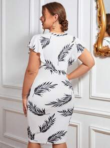 SHEIN Clasi 大碼植物圖案蝴蝶袖緊身連衣裙 - 白色 - 查看 2