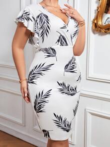 SHEIN Clasi 大碼植物圖案蝴蝶袖緊身連衣裙 - 白色 - 查看 6