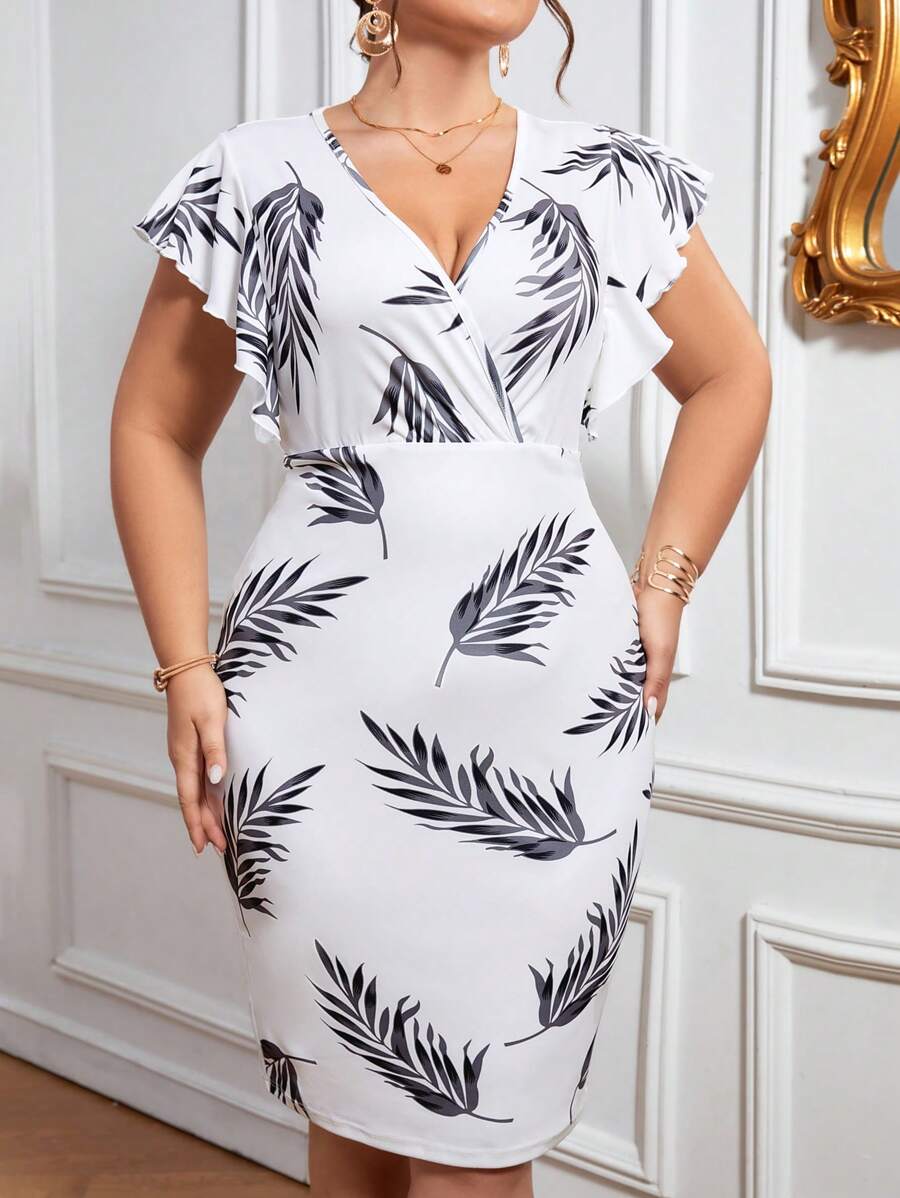 SHEIN Clasi 大碼植物圖案蝴蝶袖緊身連衣裙 - 白色 - 查看 1