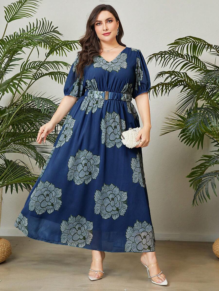 Mulvari Đầm Plus Size Thắt lưng Hoa Tất cả trên in Boho - Nhiều màu - Xem 1