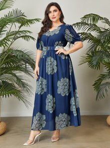 Mulvari Đầm Plus Size Thắt lưng Hoa Tất cả trên in Boho - Nhiều màu - Xem 3