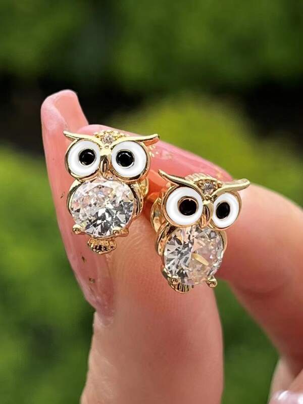 1pair Glamorous Cubic Zirconia Decor Owl Stud Earrings For Women For Daily Decoration