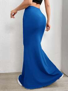 SHEIN EZwear Falda bajo de sirena unicolor fruncido - Azul Marino - Ver 2