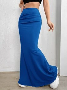 SHEIN EZwear Falda bajo de sirena unicolor fruncido - Azul Marino - Ver 4