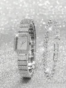 1 件女式手表银色水钻装饰锌合金表带迷人方形表盘石英表和 1 件链式手链手表套装，可作为节日礼物 - 銀色 - 查看 1