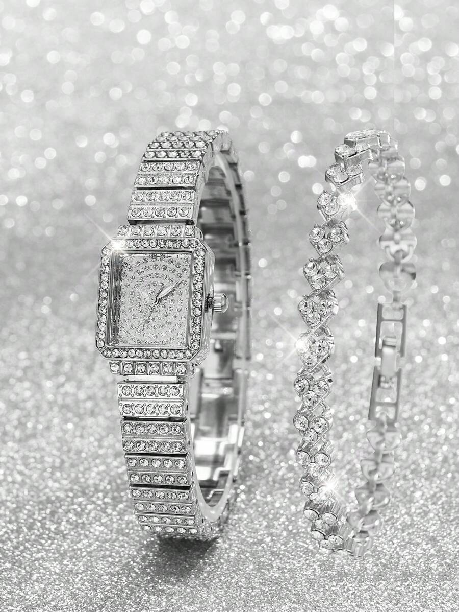 1 件女式手表银色水钻装饰锌合金表带迷人方形表盘石英表和 1 件链式手链手表套装，可作为节日礼物 - 銀色 - 查看 1