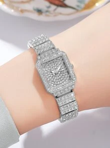 1 件女式手表银色水钻装饰锌合金表带迷人方形表盘石英表和 1 件链式手链手表套装，可作为节日礼物 - 銀色 - 查看 3