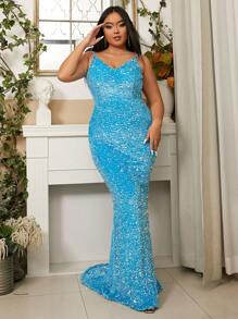 seomiscky 大碼魚尾裙下擺亮片正式洋裝 - 薄荷藍 - 查看 1