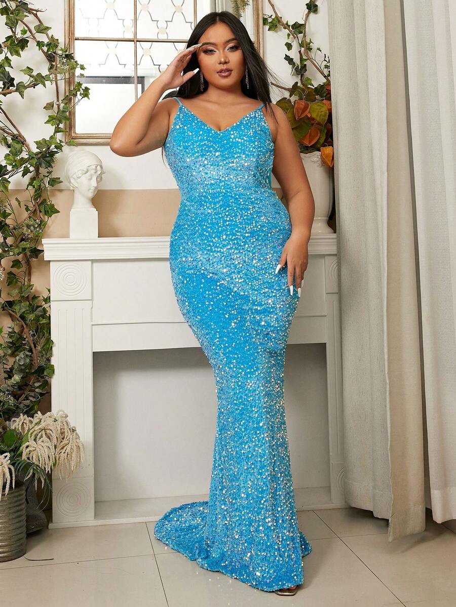 seomiscky 大碼魚尾裙下擺亮片正式洋裝 - 薄荷藍 - 查看 1