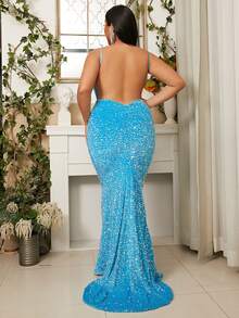 seomiscky 大碼魚尾裙下擺亮片正式洋裝 - 薄荷藍 - 查看 2