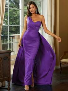 Missord Solid One Shoulder Split Thigh Dress With Cape