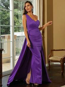 Missord Solid One Shoulder Split Thigh Dress With Cape