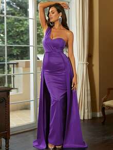 Missord Solid One Shoulder Split Thigh Dress With Cape