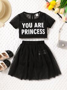 Baby Slogan Graphic Mesh Overlay Tee & Skirt - Black - View 1
