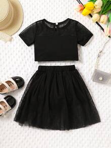 Baby Slogan Graphic Mesh Overlay Tee & Skirt - Black - View 2