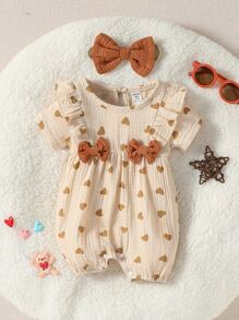 SHEIN Vintaside Kids 嬰兒女孩新生兒心形印花荷葉邊蝴蝶結前開襯衫連配件髮箍 - 杏色 - 查看 7