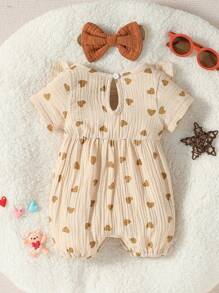 SHEIN Vintaside Kids 嬰兒女孩新生兒心形印花荷葉邊蝴蝶結前開襯衫連配件髮箍 - 杏色 - 查看 2