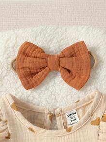 SHEIN Vintaside Kids 嬰兒女孩新生兒心形印花荷葉邊蝴蝶結前開襯衫連配件髮箍 - 杏色 - 查看 5
