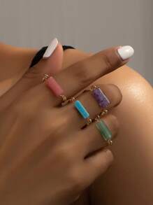4入组/套時尚矩形裝飾戒指適合女士日常裝飾 - 彩色 - 查看 1