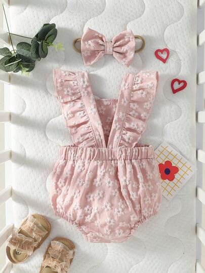 SHEIN Vintaside Kids 女婴花卉提花荷叶边连体衣和头带