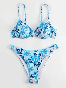 Floral Print Underwire Bikini Set - Blue - View 5