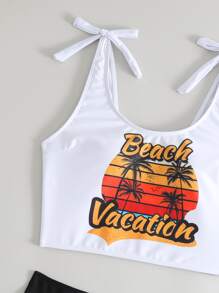 Swim Vcay Summer Beach Tropical Print Tie Shoulder Bikini Set - Black and White - View 5