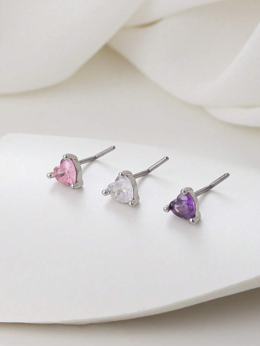 方晶鋯石愛心裝飾鼻釘 - 粉色 - 查看 1