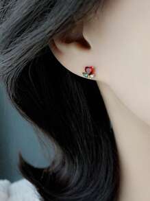 1 对铜和方晶锆石装饰微型红玫瑰耳钉，适合女士情人节、妈妈、母亲、母亲节、礼物 - 紅色 - 查看 3