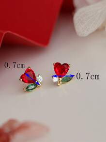 1 对铜和方晶锆石装饰微型红玫瑰耳钉，适合女士情人节、妈妈、母亲、母亲节、礼物 - 紅色 - 查看 4