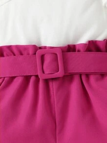 Baby Girl Asymmetrical Neck Ruffle Trim Top & Paperbag Waist Roll Up Hem Shorts