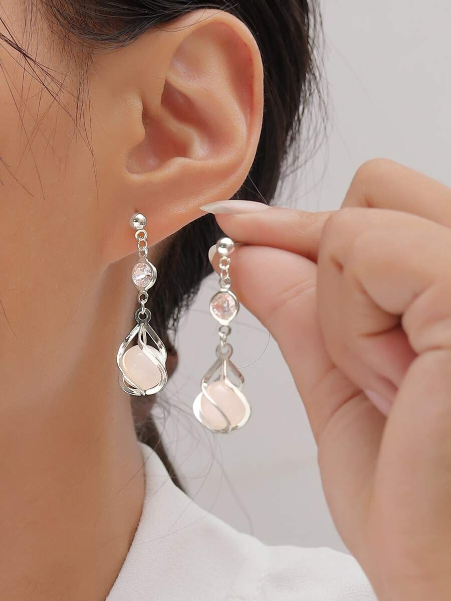 Stone Decor Drop Earrings - Silver - View 1