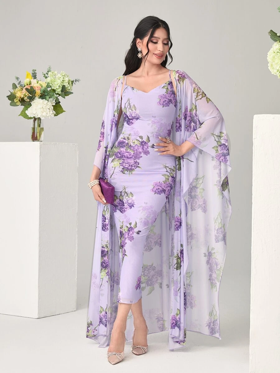 Modelyn Floral Print Cami Dress & Open Front Coat - Lilac Purple - View 1