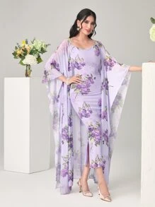Modelyn Floral Print Cami Dress & Open Front Coat - Lilac Purple - View 4