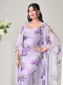 Modelyn Floral Print Cami Dress & Open Front Coat - Lilac Purple - View 6