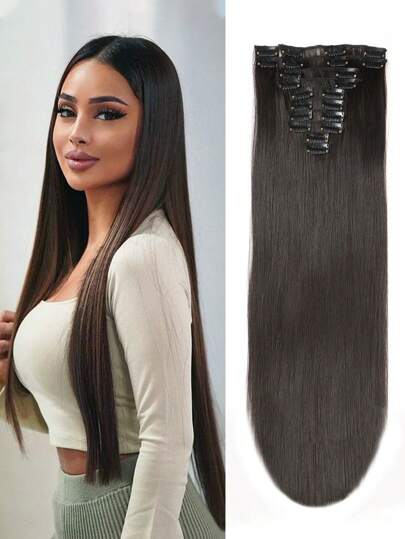 12 قطعة/مجموعة شعر مستعار طويل مستقيم مقاوم للحرارة 22 بوصة شعر اصطناعي بمشابك للإضافة للنساء رقم 4