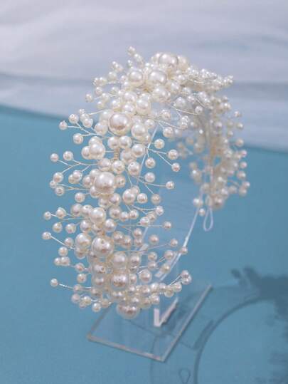 1pc Women Faux Pearl Decor Elegant Bridal Headband, For Wedding Party Vintage Tiaras. Valentine's Day Accessories