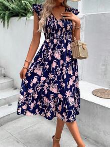 SHEIN VCAY 印花荷葉邊連衣裙 - 藏蓝色 - 查看 5