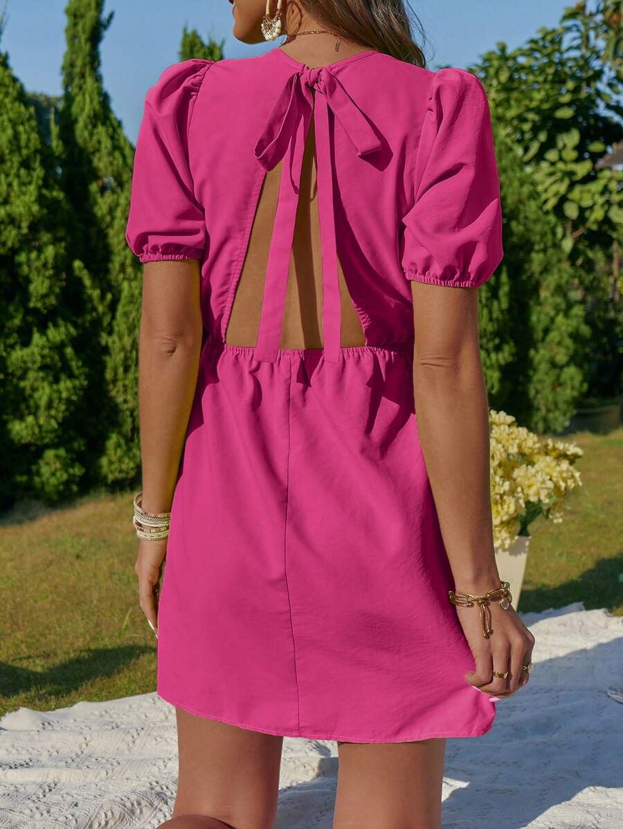 SHEIN VCAY 後背繫帶泡泡袖洋裝 - 玫紅色 - 查看 1