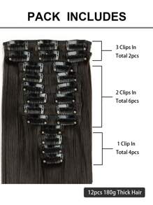 12 件/套 长直发接发 高温 22 英寸 合成假发夹 女士合成接发 #4 - 棕色 - 查看 6