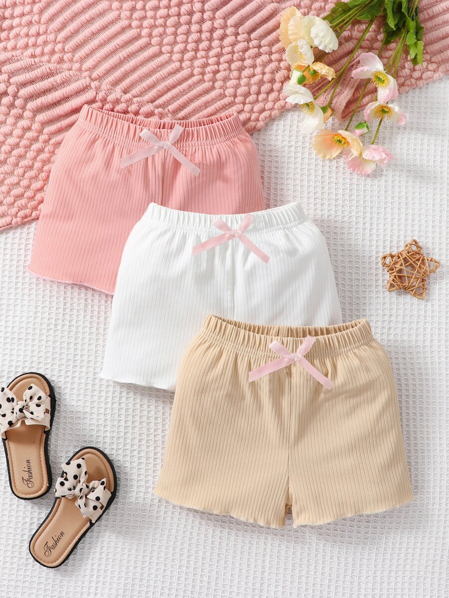 Baby Girl 3pcs Bow Front Lettuce Trim Shorts - Multicolor - View 1