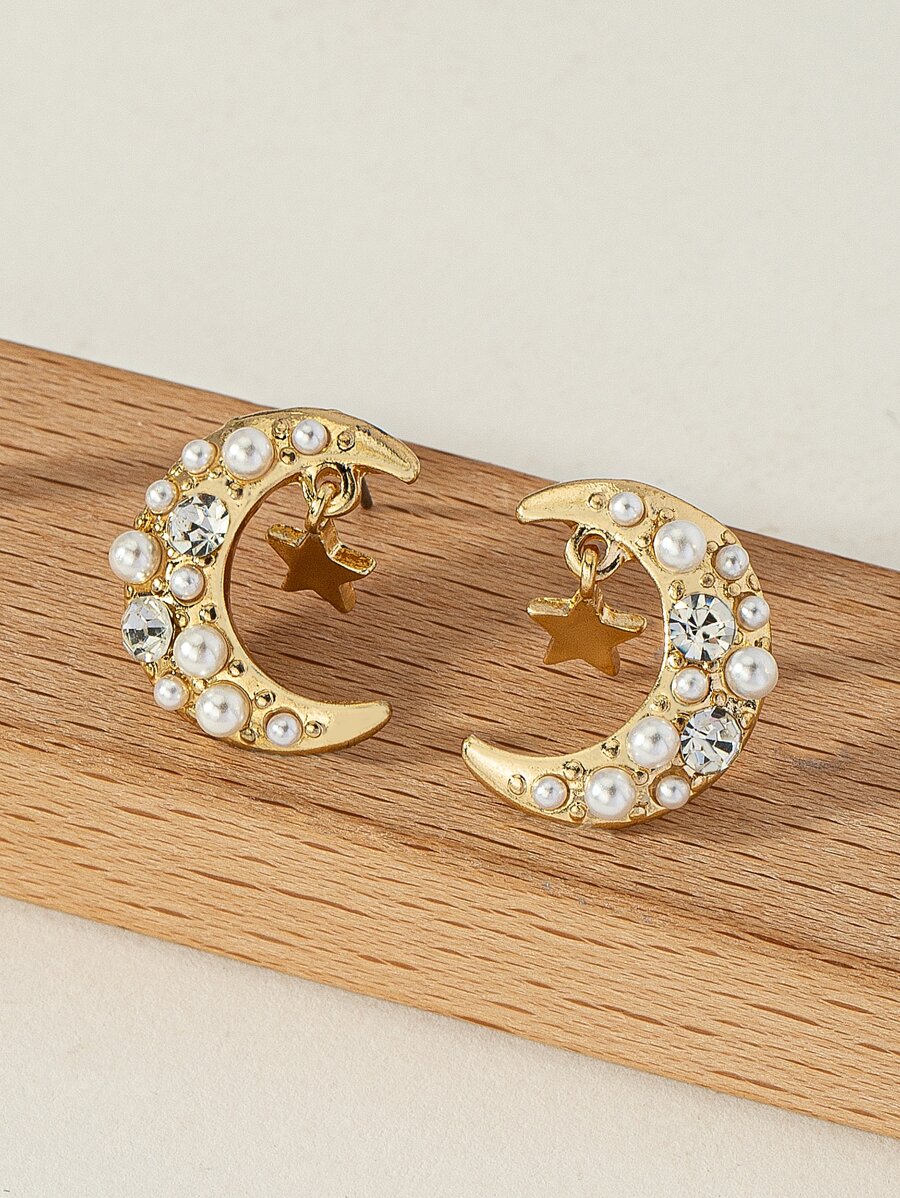 Rhinestone & Faux Pearl Decor Moon Shape Stud Earrings - Multicolor - View 1