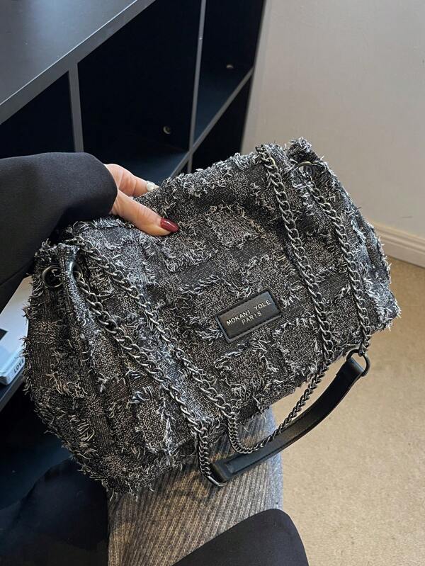 Lightweight,Business Casual Flap Hobo Bag Letter Patch Decor Raw Hem Detail,Mother's Day Gift For Mom For Teen Girls Women College Students,Rookies & White-Collar Workers Perfect For Office,College,Work,Business,Commute,Outdoors,Travel,Outings,School Bag,Large Capacity,Portable,For Teen Girls Women College Students,Perfect For Office,College,Elementary School,Middle School,High School,Work,Business,Commute,Shopping,Holiday